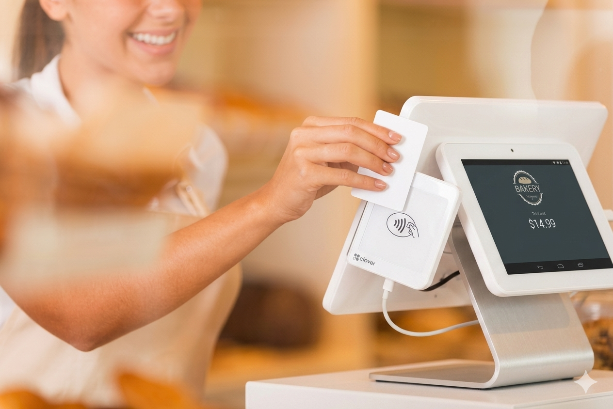 A shop employee tapping a customer's card on a Clover payment terminal